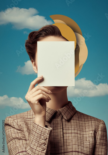 A woman holds a blank piece of paper covering her face, with geometric shapes layered around her head. The sky-blue background with clouds suggests a parallel universe where identity and expression ar