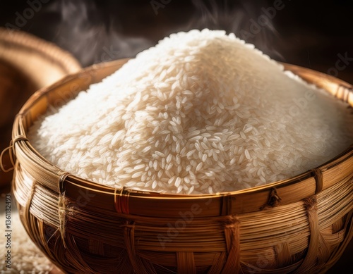 A bamboo basket filled with freshly milled rice