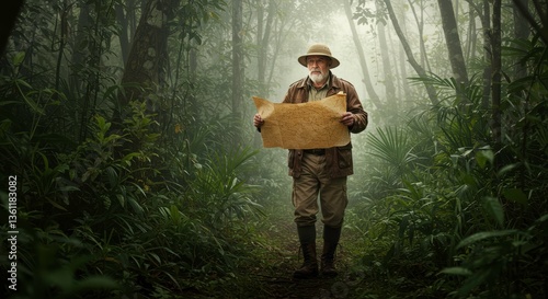 Senior Explorer Studying Map in Misty Jungle Trail Adventure Travel