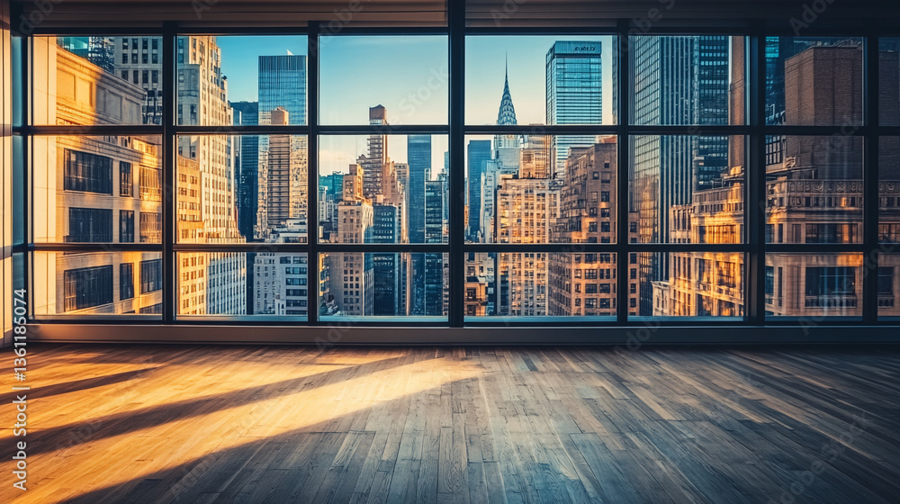 Obraz premium View of city skyline through large window with wooden floor and sunlight casting shadows indoors