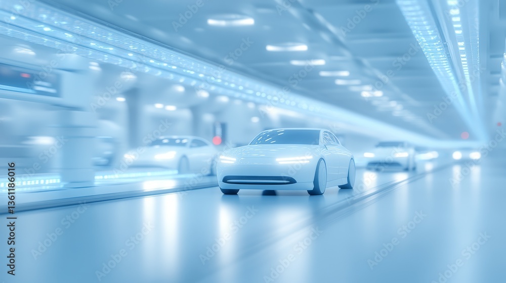 A captivating journey, car driving down long and narrow road through scenic landscape A captivating journey, car driving down long and narrow road through scenic landscape