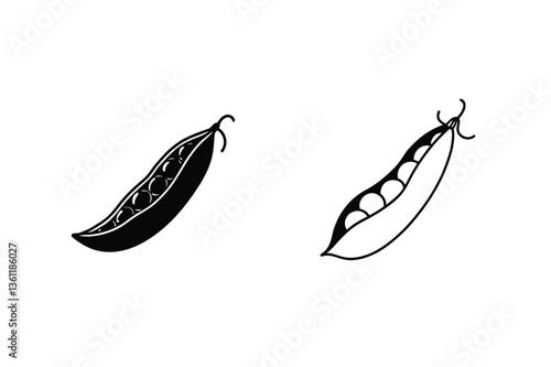 Simple Line Art Drawings of Peas in Pods, Opened and Closed
