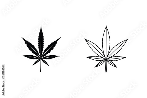 Cannabis Leaf Illustrations Two Styles, Black and Outline