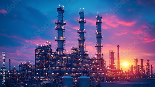 Industrial plant at sunset; refinery complex; illuminated towers; sunrise