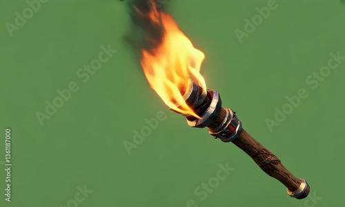 4k cinematic green screen footage of a traditional torch with vivid flames moving gracefully, creating a realistic fire effect for compositing
