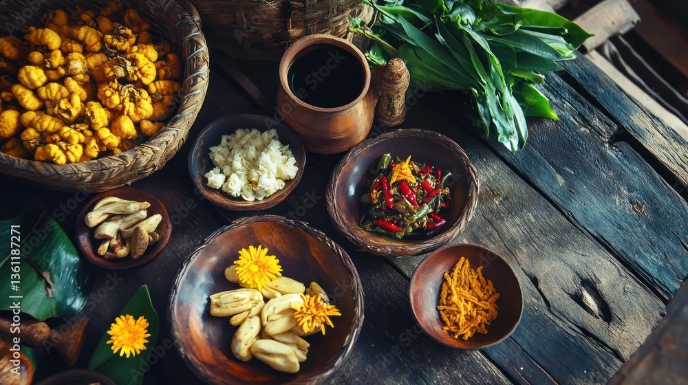 An Arrangement of Various Dishes on a Rustic Wooden Table An Arrangement of Various Dishes on a Rustic Wooden Table