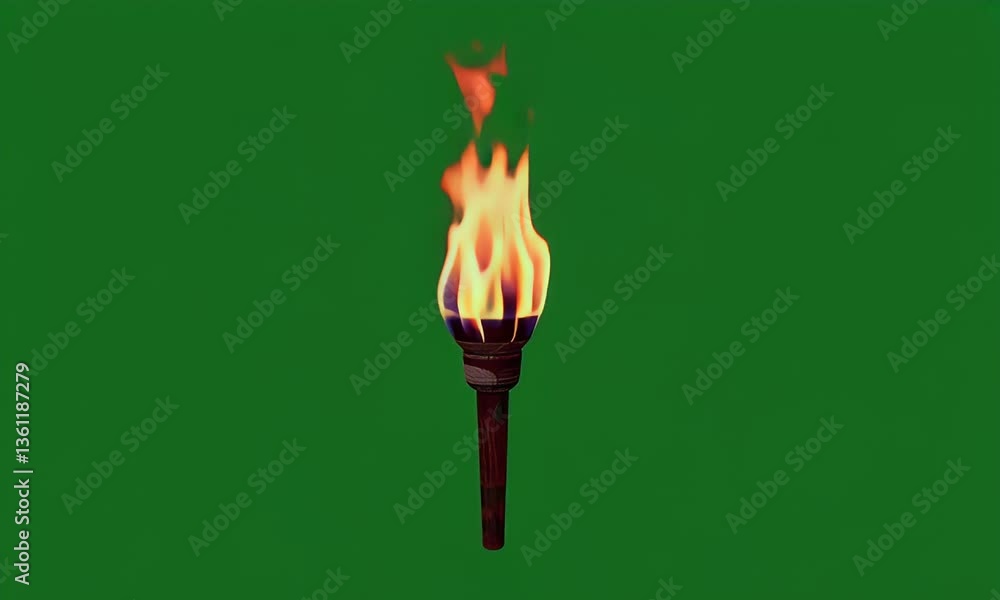 4k high-resolution green screen video of a torch engulfed in vibrant flames, flickering naturally as if affected by a soft breeze