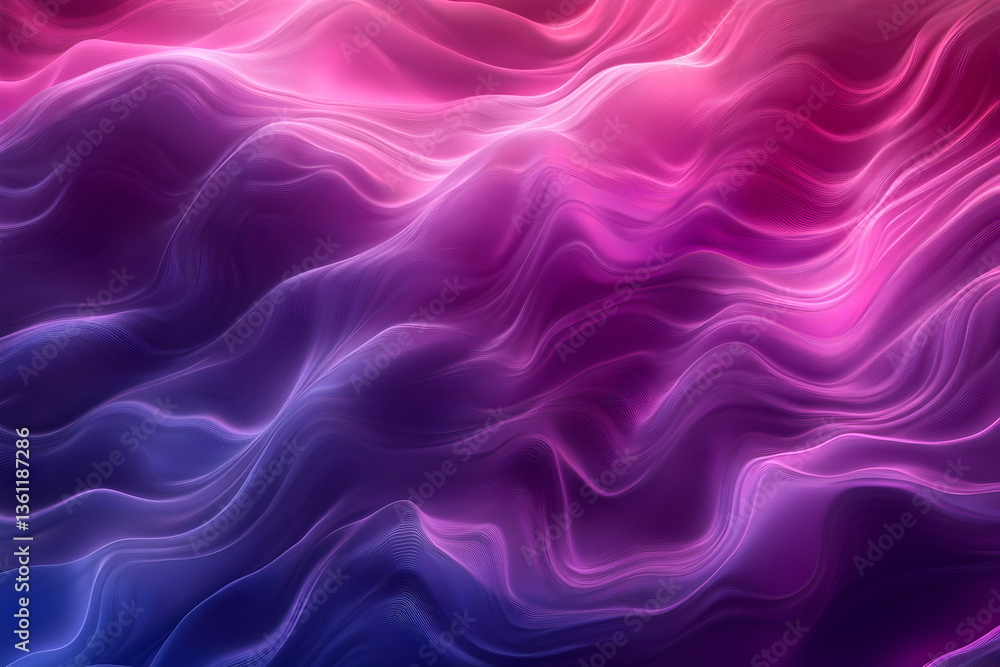 Obraz premium Flowing neon waves in pink, purple, and blue create a silky abstract background with smooth gradients and soft light for modern tech and creative design.