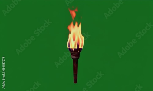 4k high-resolution green screen video of a torch engulfed in vibrant flames, flickering naturally as if affected by a soft breeze