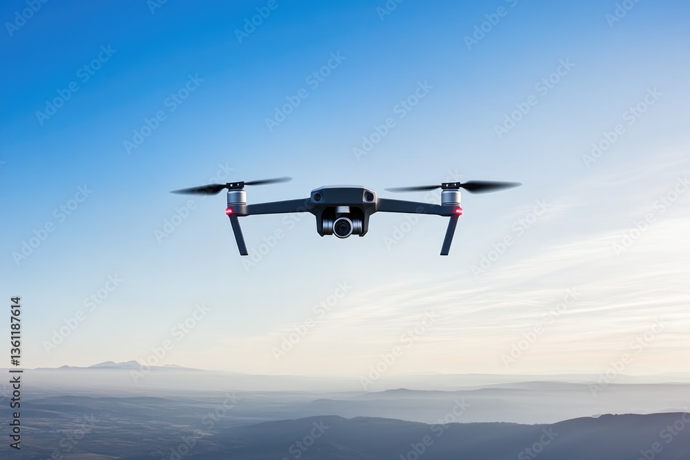 sleek drone hovering against clear blue sky casting its shadow below on expansive landscape open space on either side sleek drone hovering against clear blue sky casting its shadow below on expansive landscape open space on either side