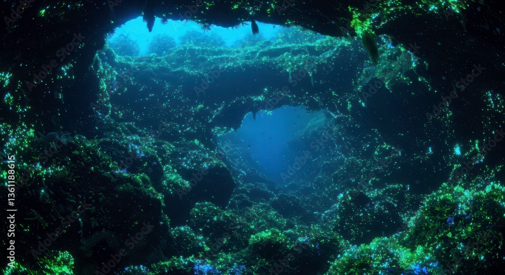 Fototapeta premium Enchanting Bioluminescent Cave Underwater Scene Glowing Flora Dark Water