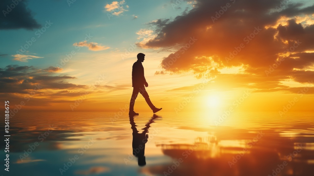 Tranquil sunset stroll, silhouette of a man walking across water at golden hour Tranquil sunset stroll, silhouette of a man walking across water at golden hour