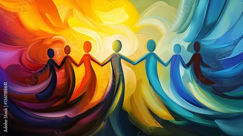 Colorful Abstract Figures Holding Hands Symbolizing Global Friendship and Harmony