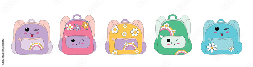 Backpack colorful icon clipart set. Back to school bag in flat hand drawn symbol clip art for children with winking face and flowers elements collection vector illustration.
