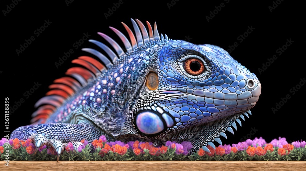 Fototapeta premium Vibrant Blue Iguana Portrait Exotic Reptile Close up AI Art Flowers