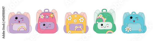 Backpack colorful icon clipart set. Back to school bag in flat hand drawn symbol clip art for children with winking face and flowers elements collection vector illustration.
