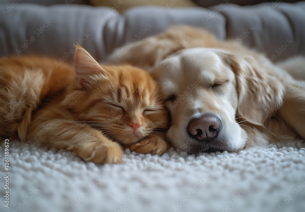 photo of a cute, small orange cat and a golden retriever puppy sleeping together on a white carpet, with pastel colors and a cozy atmosphere. photo of a cute, small orange cat and a golden retriever puppy sleeping together on a white carpet, with pastel colors and a cozy atmosphere.