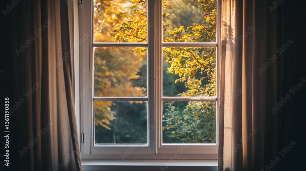 Fototapeta premium A view of autumn trees through a white framed window with curtains on either side of the window frame