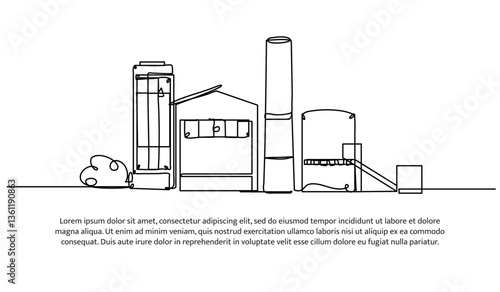 Continuous one line design of industrial building and nature. Minimalist style vector illustration on white background.