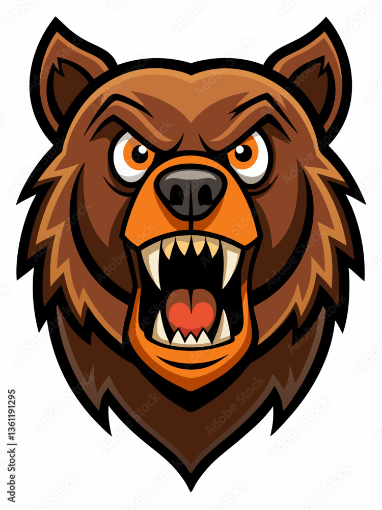 Obraz premium Angry Cartoon Bear Head – Fierce Expression with Snarling Mouth and Sharp Fangs in Sports Team Logo Style