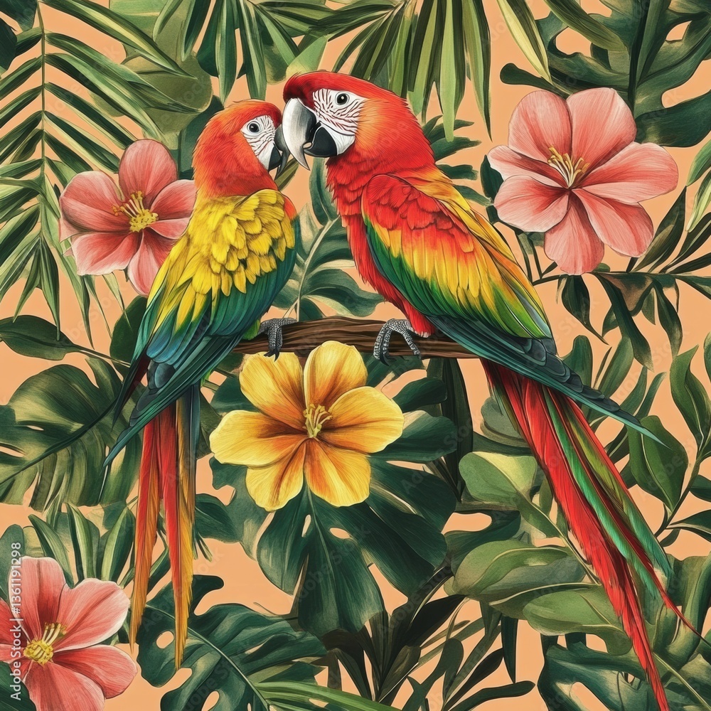 Obraz premium Vibrant tropical baby pattern featuring cute parrots palm leaves and exotic flowers in warm colors for joyful decor Generative AI