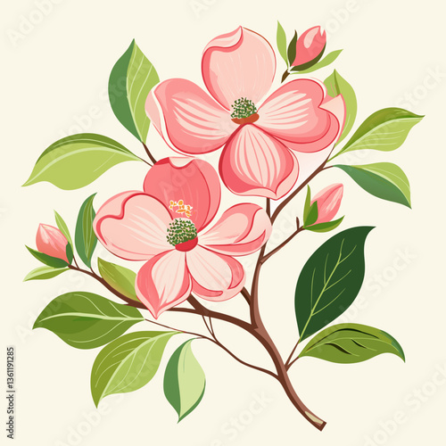 Botanical Illustration of Flowering Dogwood Branch – Pink Blossoms and Green Leaves in Vintage Watercolor Style
