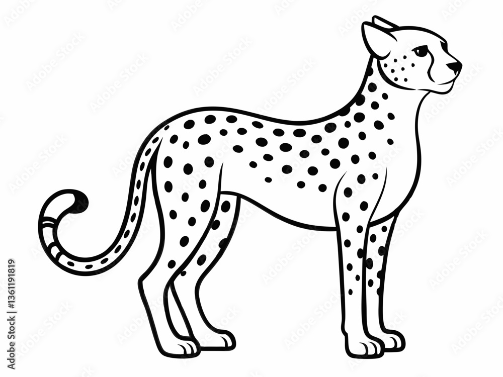 Fototapeta premium Cartoon Cheetah – Smiling Spotted Feline with Sleek Body in Black and White Line Drawing for Children's Book