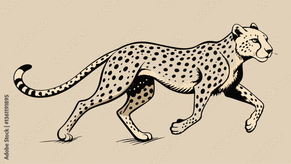 Fototapeta premium Vintage Cheetah Running – Black and White Sketch with Detailed Spots and Dynamic Pose in Wildlife Art Style