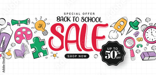Back to school sale clipart banner design. School sale special offer shopping discount clip art for teachers and students in grid space background with colorful drawing educational supplies vector