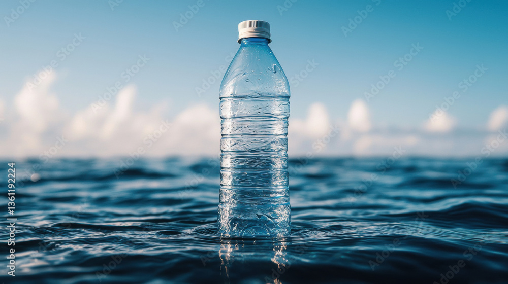 Environmental crisis giant plastic bottle floats in ocean, symbolizing pollution and environmental impact Environmental crisis giant plastic bottle floats in ocean, symbolizing pollution and environmental impact