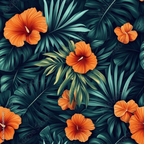 Wallpaper Mural Tropical  Floral Seamless Pattern Textile Vibrant tropical floral pattern with orange hibiscus and lush green leaves Torontodigital.ca