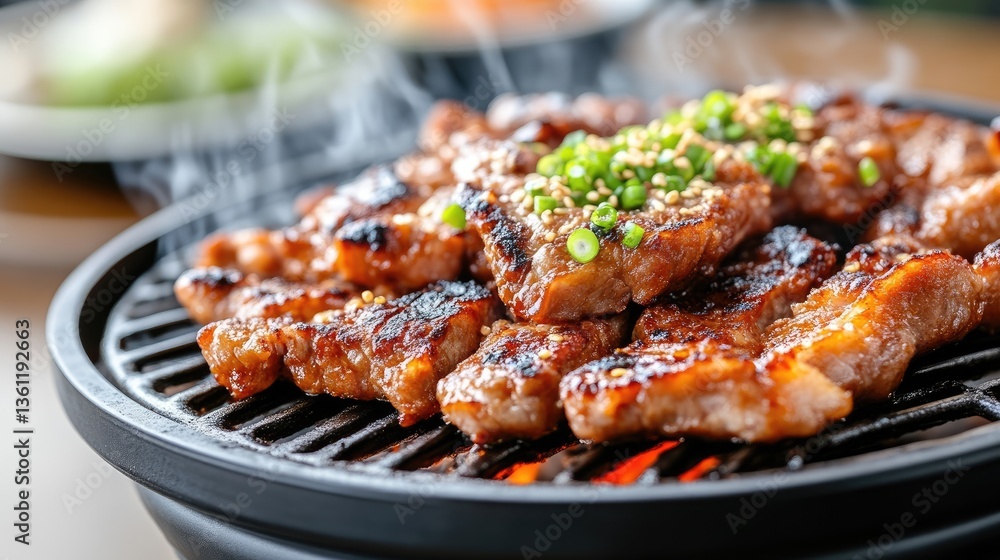 Delicious grilled pork, sizzling on a portable grill. Juicy, flavorful pieces of meat are cooked to perfection Delicious grilled pork, sizzling on a portable grill. Juicy, flavorful pieces of meat are cooked to perfection