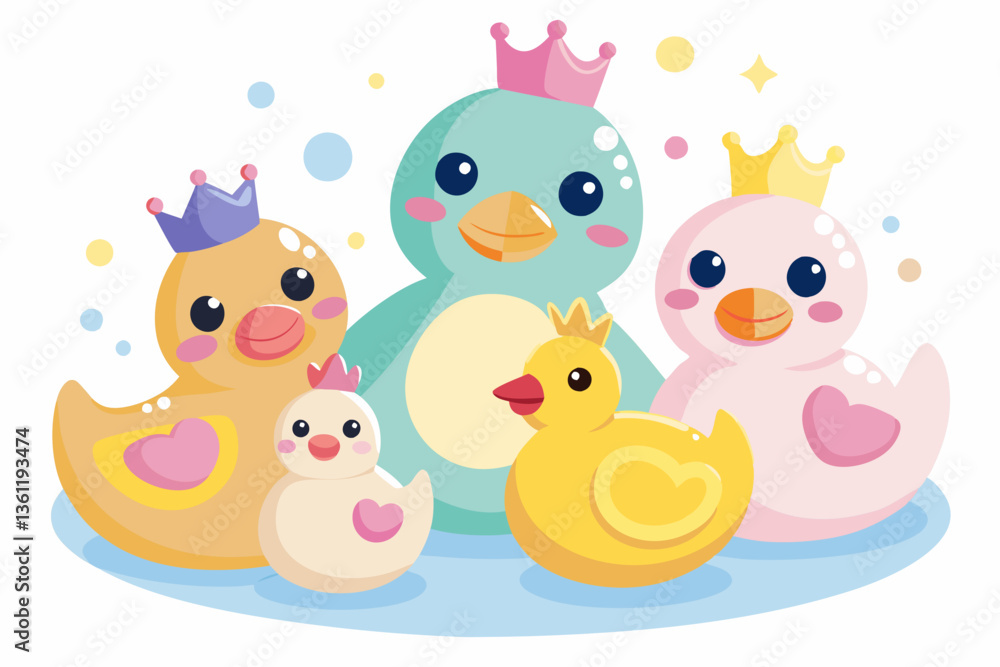 Naklejka premium Cute Cartoon Teddy Bears with Red Bow Ties and Striped Ball, Kawaii Style, Playful Family Portrait, Nursery Decor