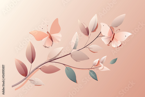 Delicate Paper Butterflies with Gray Leaf Silhouettes on Soft Pink Background in 3D Paper Craft Art