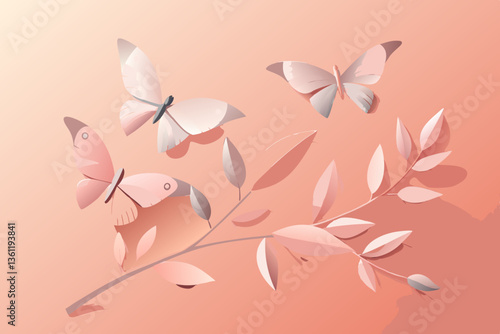 Delicate Paper Butterflies with Gray Leaf Silhouettes on Soft Pink Background in 3D Paper Craft Art