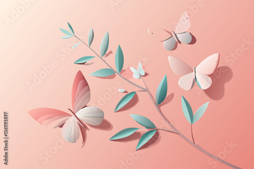 Delicate Paper Butterflies with Gray Leaf Silhouettes on Soft Pink Background in 3D Paper Craft Art
