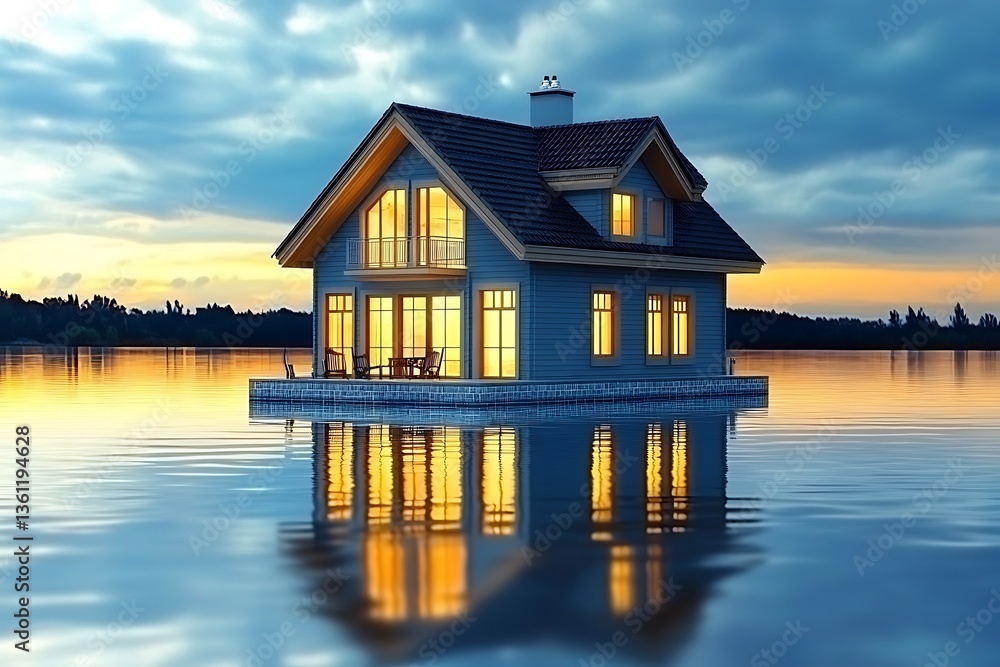 Floating house on lake at sunset; 3D rendering; serene scene Floating house on lake at sunset; 3D rendering; serene scene