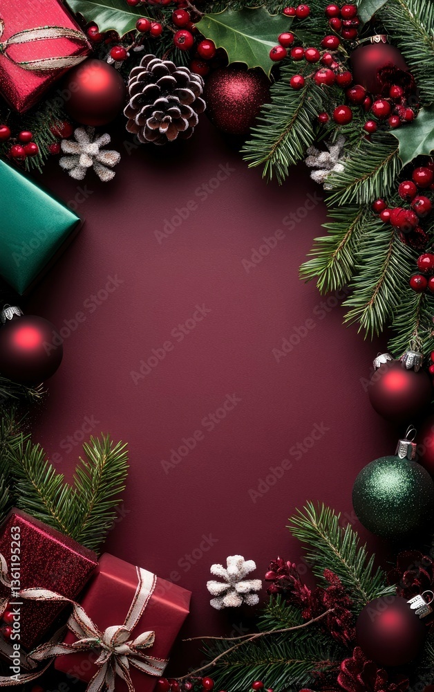 Obraz premium Christmas Frame with Gifts and Ornaments on Burgundy Background Holiday