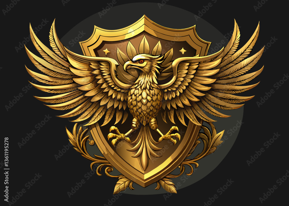 Fototapeta premium Golden Heraldic Eagle with Ornate Shield Emblem in Renaissance Style