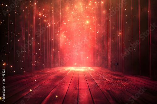 Abstract red stage background with glowing spotlight and sparkling particles, dramatic theater lighting illuminating an empty wooden stage for performance, show, or presentation.