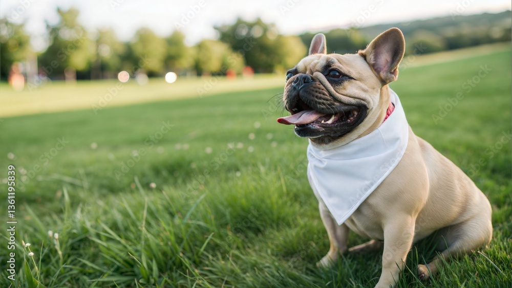 Close up of a happy dog wearing Blank white bandana mockup while facing camera.
Close up of a happy dog wearing Blank white bandana mockup while facing camera.