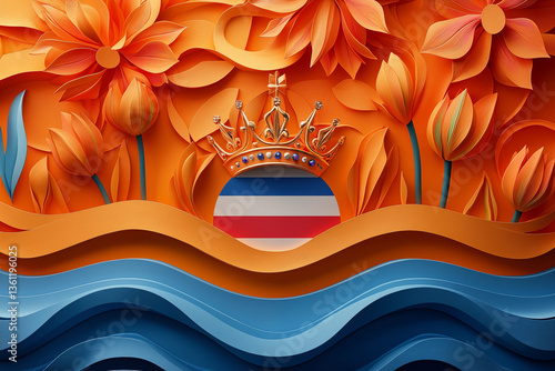 Abstract King’s Day Artwork – Swirling Orange Crown, Dutch Flag, Tulips, Windmills, Minimalist Design-Netherlands modern vector art