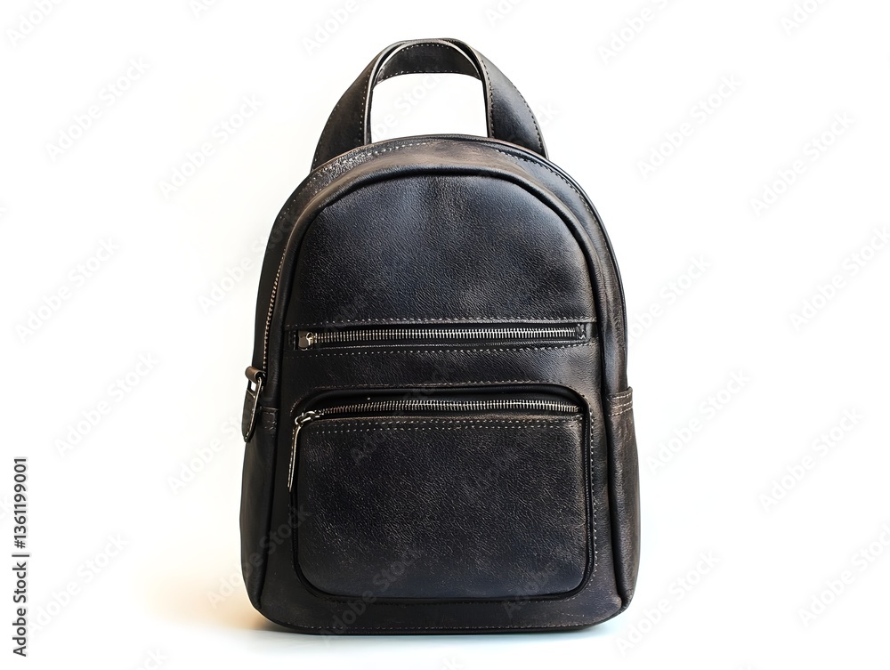 Fototapeta premium Stylish Black Leather Backpack with Multiple Compartments on White Background