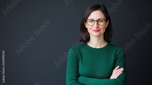 Woman with glasses and green sweater poses with confidence