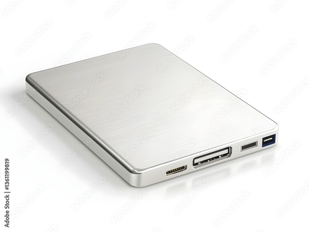 Modern Slim External Hard Drive on White Background Digital Storage Concept Modern Slim External Hard Drive on White Background Digital Storage Concept