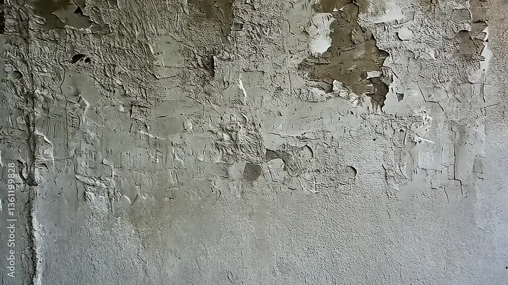 Close-up of aged and weathered white paint peeling off a rough textured surface. Close-up of aged and weathered white paint peeling off a rough textured surface.