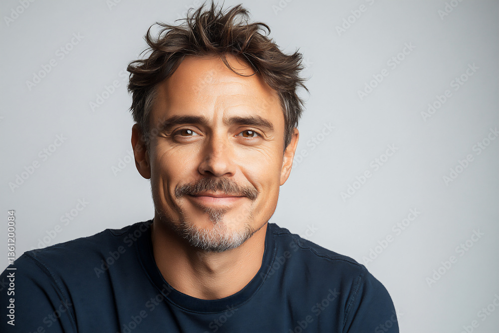 Obraz premium photo of an attractive italian man, with short hair and a goatee, wearing a dark blue t-shirt against a white background. he is smiling at the camera.