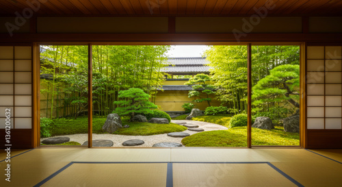 和室から眺める四季の日本庭園