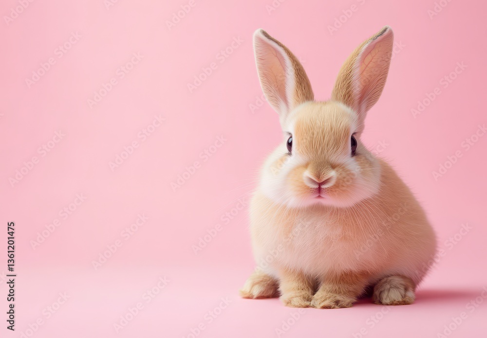 Fototapeta premium Adorable Fluffy Brown Bunny on Pink Background