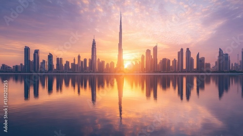 Wallpaper Mural A breathtaking view of the Dubai skyline at sunrise, with the city's reflection shimmering on the water below Torontodigital.ca